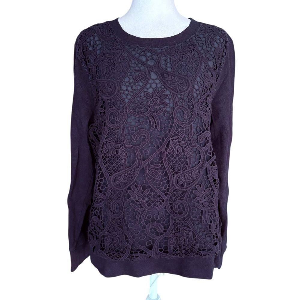 J Crew Lace Front Sweatshirt In Navy Blue Cotton Silk Blend Womens Size Medium